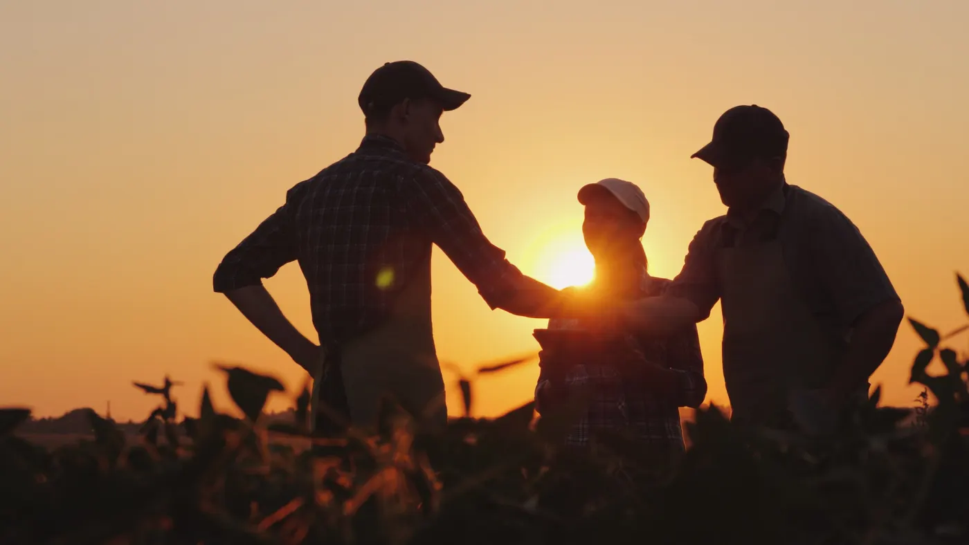 Silhuetas de três pessoas apertando as mãos numa lavoura ao pôr do sol